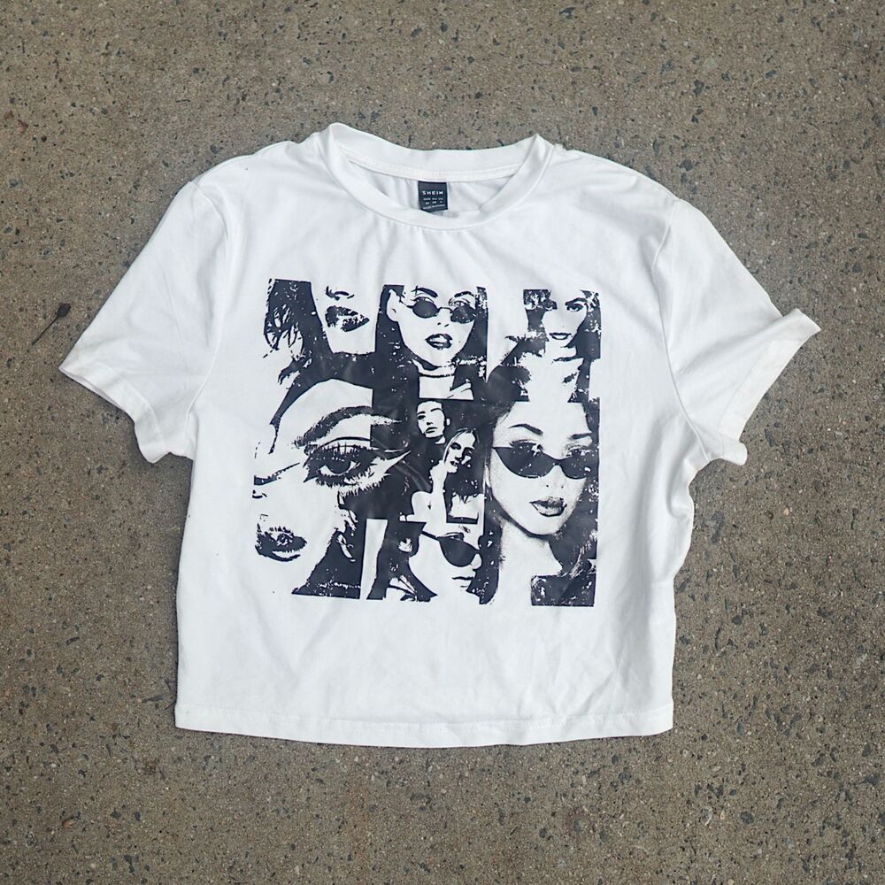SHEIN Graphic Crop Baby Tee Size M White Y2K Cyberpunk Face Photo Print Short